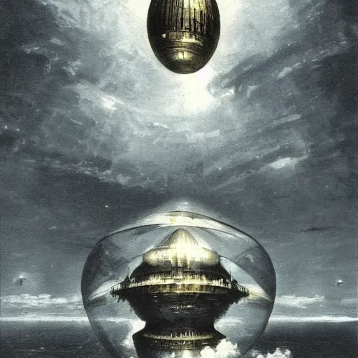 Image similar to enormous flying city in a faberge egg, sky, steampunk, fantasy art, masterpiece, hugh ferriss, digital, peder balke