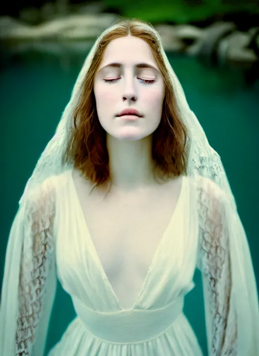 Prompt: Kodak Portra 400, 8K, soft light, volumetric lighting, highly detailed, sharp focus,britt marling style 3/4, Close-up portrait photography of a beautiful woman how pre-Raphaelites a woman with her eyes closed is surrounded by water +symmetrical frontal top view face, with the nape in the water. a beautiful lace dress and hair are intricate with highly detailed realistic beautiful flowers , Realistic, Refined, Highly Detailed, natural outdoor soft pastel lighting colors scheme, outdoor fine art photography, Hyper realistic, photo realistic