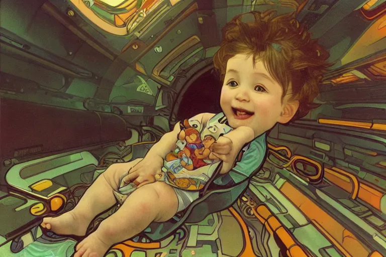 Image similar to a baby in a spaceship, very detailed, smooth render, illustration, art style by shigeru miyamoto and Alphonse Mucha