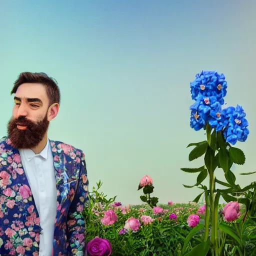 Image similar to a portrait of a man with flowers in the beard, roses peonies forget-me-nots dahlias lupins gladioli, sky theme in background, 35mm Photograph, 4K Resolution, Astrophotography, Digital Art, Trending on artstation