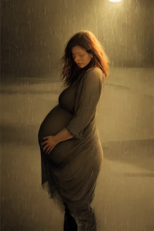 Prompt: pregnant woman under street light, highly detailed, sharp focused, ultra realistic digital concept art by Alyssa Monks, Ruan Jia, Stanley Artgerm