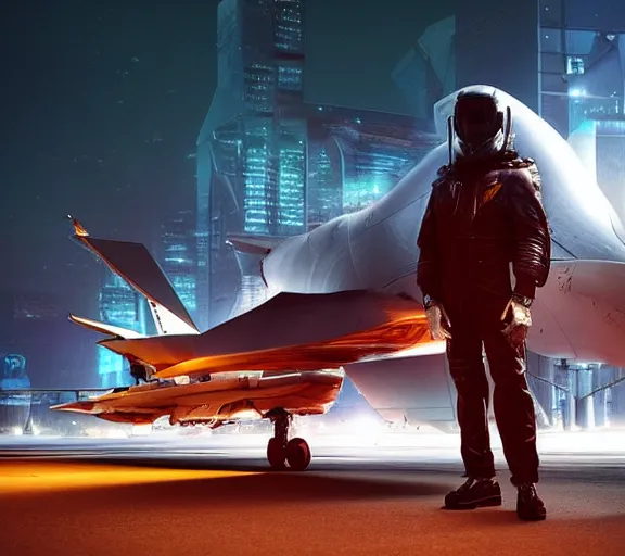 Image similar to fighter pilot stands beside futuristic sci fi fighter jet landed at runway of cyberpunk city, night photo ,dark cinematic lighting , digital concept art