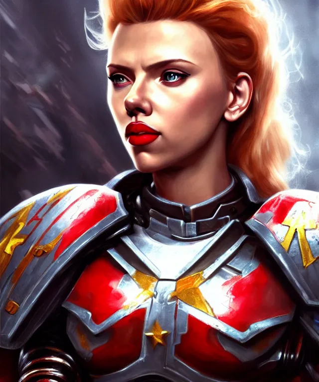 Image similar to Scarlett Johansson as a battle sister from Warhammer 40k, portrait, highly detailed, intricate, concept art, artstation