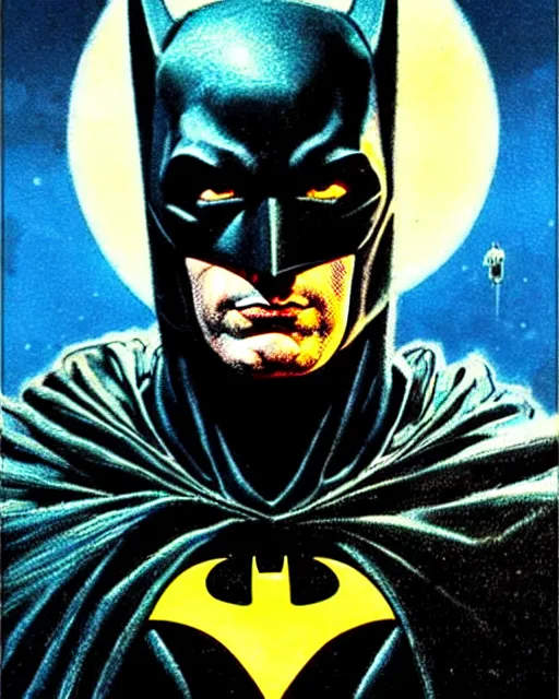 Prompt: batman, character portrait, portrait, close up, concept art, intricate details, highly detailed, vintage sci - fi poster, retro future, vintage sci - fi art, in the style of chris foss, rodger dean, moebius, michael whelan, and gustave dore