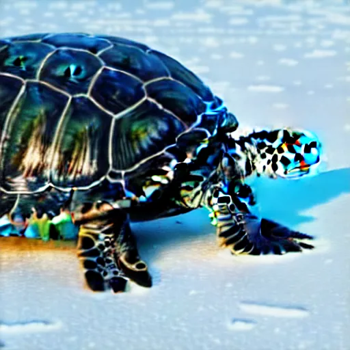 Image similar to a turtle with a black shell, walking on ice