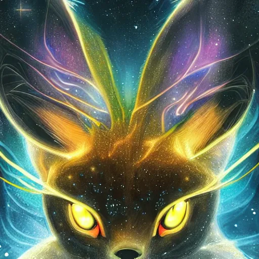 Image similar to geometric symmetrical jolteon with galaxy eyes in space, nebula in the background, intricate, elegant, highly detailed, digital painting, artstation, concept art, smooth, sharp focus, illustration, art by artgerm