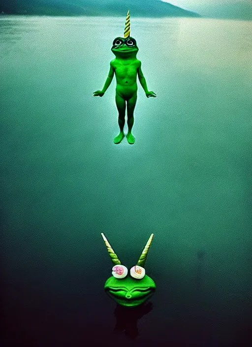 Image similar to “unicorn pepe the frog vertically hovering above misty lake waters in jesus christ pose, low angle, long cinematic shot by Andrei Tarkovsky, paranormal, eerie, mystical”