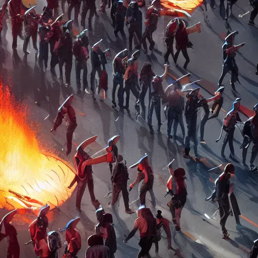 Image similar to protesters marching, detailed digital illustration by greg rutkowski, fire, android netrunner, forced perspective