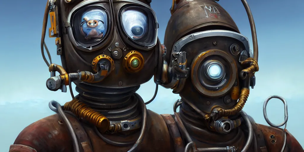 Image similar to highly detailed portrait painting of welder in atmospheric diving suit, mono eyed, by eddie mendoza and tyler edlin, windows, 8 k resolution