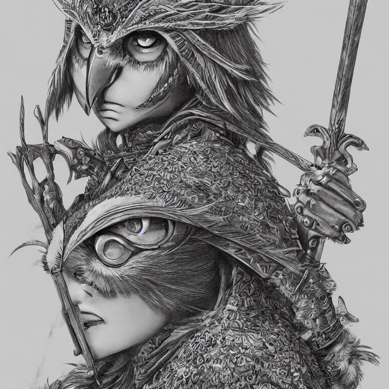 Image similar to female owl warrior, realistic proportions, sharp focus, beautiful face, in feather armor, wielding an owl axe, symmetrical, highly detailed, engraving kentaro miura manga art style trending on artstation 8 k