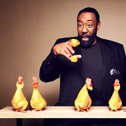 Prompt: lenny henry juggling chickens