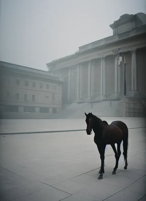Prompt: a photograph of a horse in front of the metropolitan museum of art, foggy, 3 5 mm, color film camera, pentax