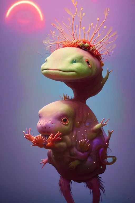 Image similar to Bioluminescent, portrait of axolotl wearing wizard hat, very intricate , trending on artstation , very elegant, in the golden hour by Daniel Merriam, Trending on Artstation, oil on Canvas by Elena Zhurikhina and Goro Fujita and Charlie Bowater, octane render, 4k, 8k, HD