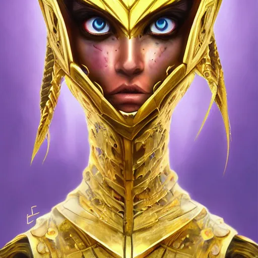 Prompt: artstation young teen with purple eyes and tentacles on her head in fury, very detailed, in glass town, portrait, ultra realistic, very intricate gold armor