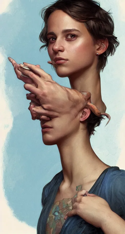 Image similar to character portrait of Alicia Vikander as a nonbinary androgynous teenager with very short hair, relaxing mood, intricate, wild, highly detailed, digital painting, artstation, whole body, concept art, smooth, sharp focus, illustration, art by artgerm and greg rutkowski and alphonse mucha