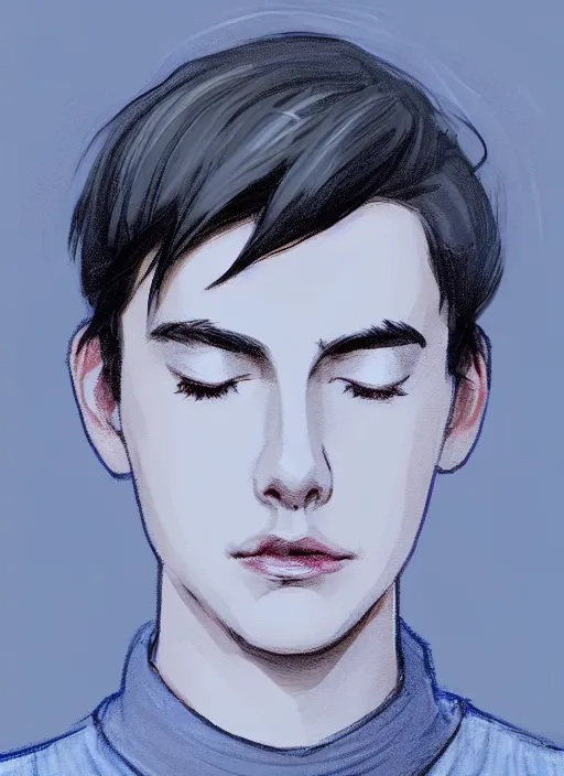 Image similar to portrait of teenage jughead jones wearing a light grey crown, crown, blue turtleneck, closed eyes, eyes closed, slight smile, black hair, intricate, elegant, glowing lights, highly detailed, digital painting, artstation, concept art, smooth, sharp focus, illustration, art by wlop, mars ravelo and greg rutkowski