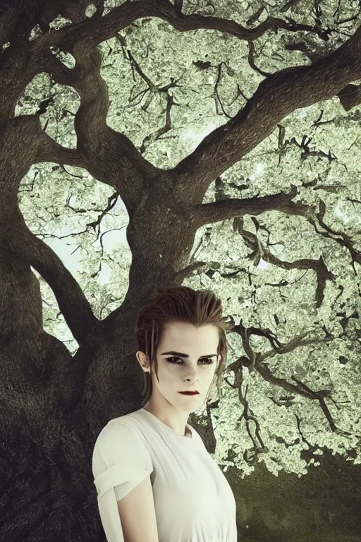 Prompt: Photo of Emma Watson in front of an oak tree, vibrant lighting, elegant, highly detailed, smooth, sharp focus, illustration, beautiful, geometric, trending on artstation, full body, cinematic, 8k, artwork by Vigee-Le Brun