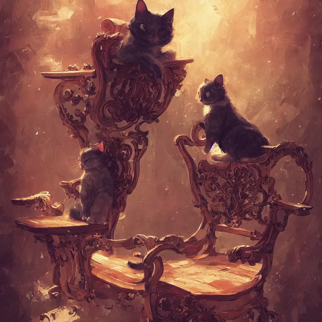 Prompt: single anime cat laying on a wood carved chair, super powers, retrowave, concept art, by greg rutkowski, overdetailed art