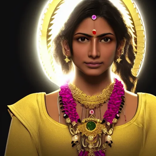 Image similar to a beautiful indian athletic slim female has a halo floating over her head like she was a holy person, the halo was made by a jeweler with gold with intricate details, unreal engine 5