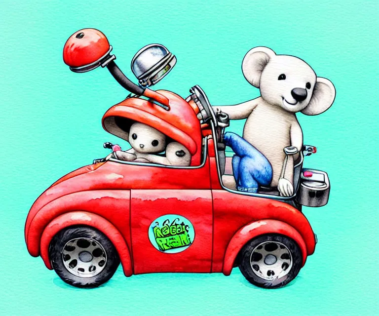 Image similar to cute and funny, koalabear wearing a helmet riding in a tiny hot rod with an oversized engine, ratfink style by ed roth, centered award winning watercolor pen illustration, isometric illustration by chihiro iwasaki, edited by range murata, tiny details by artgerm and watercolor girl, symmetrically isometrically centered, sharply focused