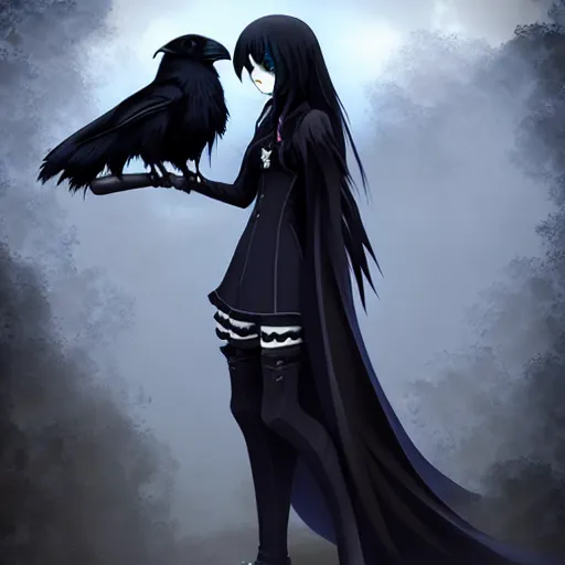 Image similar to a gothic anime girl and her pet raven raven haunting the pere lachaise cemetery, gloomy, trending on artstation