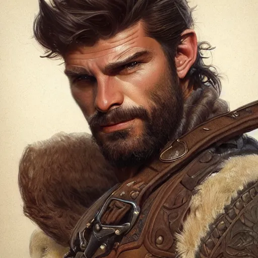 Image similar to portrait of a young, ruggedly handsome ranger, muscular, half body, leather, hairy, d & d, fantasy, intricate, elegant, highly detailed, digital painting, artstation, concept art, smooth, sharp focus, illustration, art by artgerm and greg rutkowski and alphonse mucha