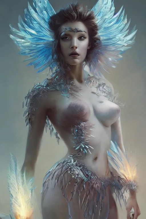 Prompt: beautiful model wearing ice feathers, diamonds, angel, fantasy, dramatic lighting, highly detailed, digital painting, holding electricity, magic the gathering, hyper detailed, 3 d render, hyper realistic detailed portrait, peter mohrbacher, wlop, ruan jia