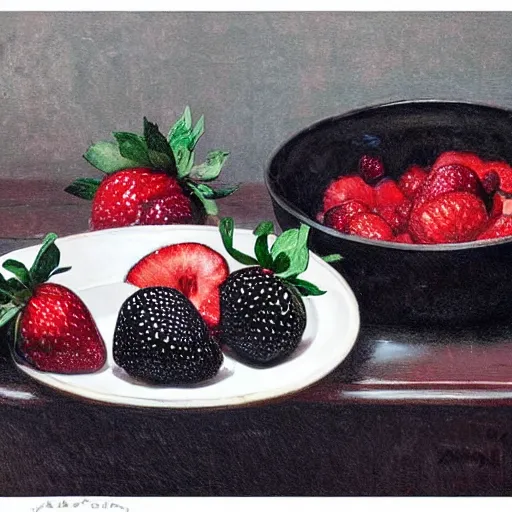 Image similar to table with very very very very black colored strawberries, #black strawberry fruit, ?black strawberry, !black strawberries, •black strawberries, extremely black strawberries, the strawberries are black, painted by rossdraws, greg rutkowski, thomas kindkade