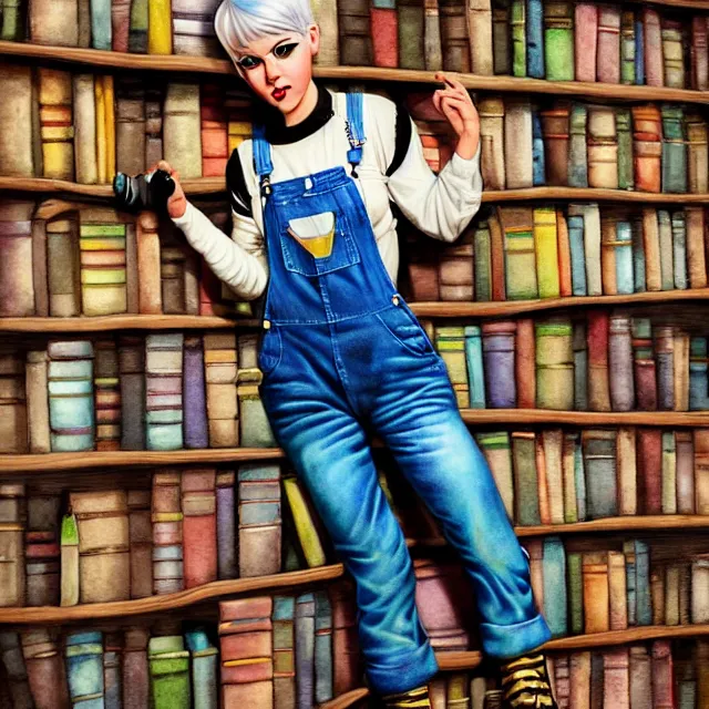 Prompt: full body pose, beautiful adult book fairy, pixar, short white hair shaved sides, dirty, grungy, grunge, long sleeve, painted overalls, stacks of giant books, highly detailed, 4 k, hdr, smooth, sharp focus, high resolution, award - winning photo, artgerm, photorealistic