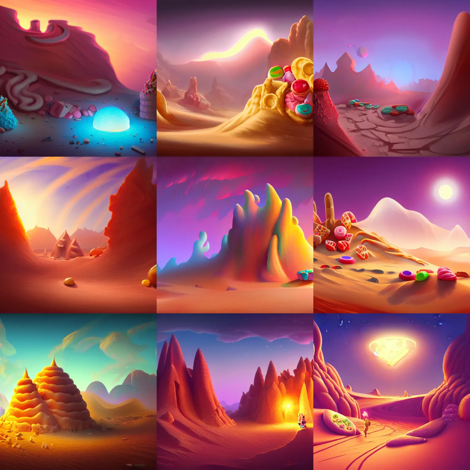 Prompt: desert made from icecream and candies, handsome, intricate, detailed, volumetric lighting, scenery, digital painting, highly detailed, artstation, sharp focus, illustration, concept art, 8 k, hyper realistic, magic world