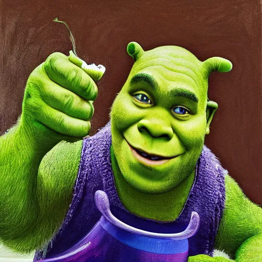 Image similar to a portrait of shrek who is half cat drinking from bowl of milk, hyper realistic, oil painting, da vinci, 8 k, green, whiskers, epic,