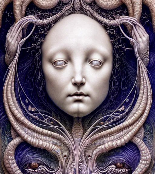 Prompt: detailed realistic beautiful porcelain moon goddess face portrait by jean delville, gustave dore, iris van herpen and marco mazzoni, art forms of nature by ernst haeckel, art nouveau, symbolist, visionary, gothic, neo - gothic, pre - raphaelite, fractal lace, intricate alien botanicals, ai biodiversity, surreality, hyperdetailed ultrasharp octane render