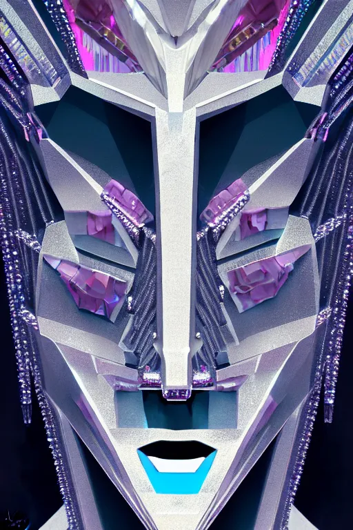 Image similar to hyperrealism, dreamland of chinese, ghost, sharp, slender and densely arranged teeth, futuristic, art deco, expressive, dystopian, cyberpunk, mecha, halfturn portrait of a big crystal face made of crystals half - turn, ominous, intricate, oc rendered, concept art, 4 k, sharp focus