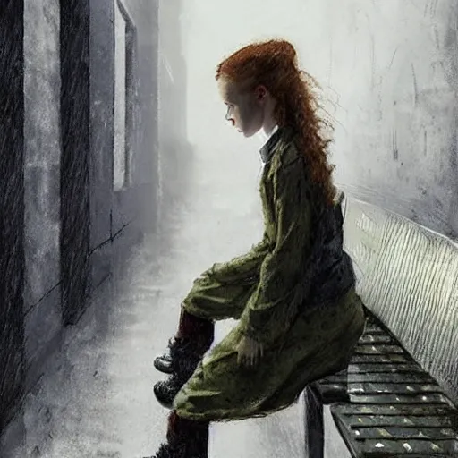 Image similar to sadie sink in oversized school uniform. waits on a bench | a bench along a wall. next to a door. in an office building. concept art for scifi dystopian film. by nikolay makovsky, bob byerley, wadim kashin, andrea kowch. cinematic moody atmosphere, detailed and intricate, perfect anatomy