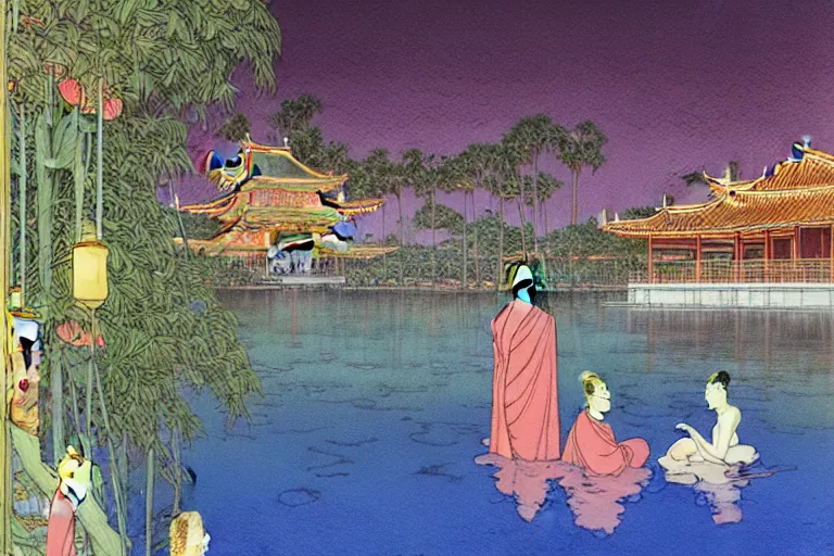 Image similar to a hyperrealist watercolor of a zen water scene at night. buddhist temple in the background. neon roses and palm trees. by rebecca guay, michael kaluta, charles vess and jean moebius giraud