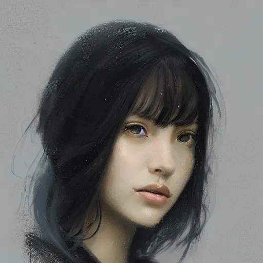 Image similar to portrait of a young woman by greg rutkowski, she is about 2 0 years old, mixture between russian and japanese, pretty, black bob hair with two strands around her face, very tall and slim, wearing a oversized jumper jumpsuit, highly detailed portrait, digital painting, artstation, concept art, smooth, sharp foccus ilustration, artstation hq