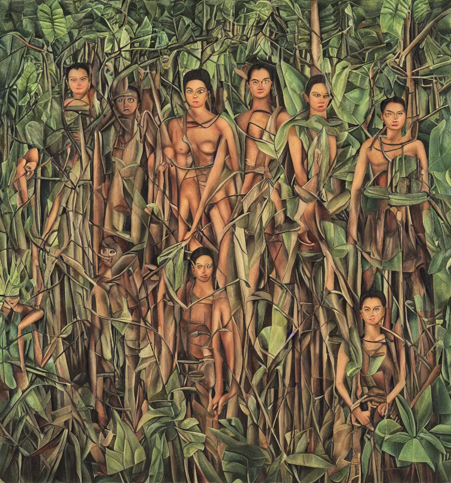 Image similar to four warrior angels lost in a forest painted by frida kahlo and ivanov vsevolod