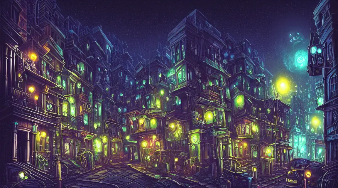 Prompt: street level view of a lovecraftian city. lovecraft. lovecraftian city at night by cyril rolando and naomi okubo and dan mumford and ricardo bofill. lovecraftian buildings. lovecraftian landscape. swirly night sky.