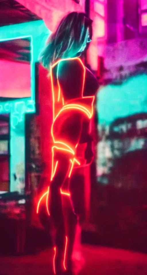 Image similar to hyperrealism, women, city, neon lights, glow, sunset, atmospheric, cinematic, retrowave style,