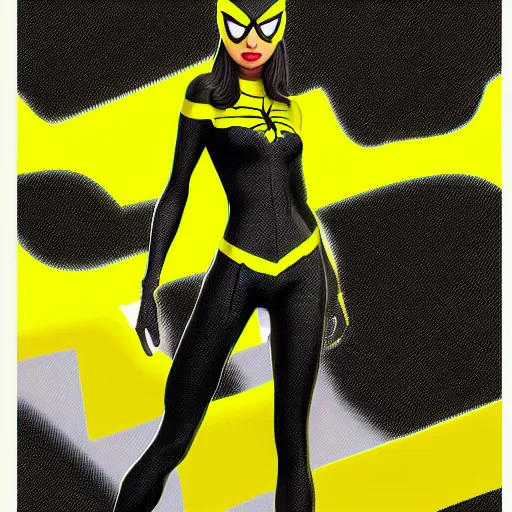 Prompt: black and yellow spiderman girl costume drawn by steve ditko comic book art style, 4 k digital art