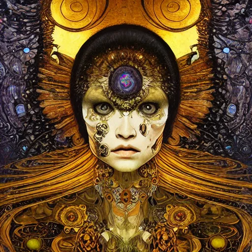 Image similar to Memento Mori by Karol Bak, Jean Deville, Gustav Klimt, and Vincent Van Gogh, beautiful visionary mystical portrait, calavera, otherworldly, fractal structures, ornate gilded medieval icon, third eye, spirals, jeweled calavera