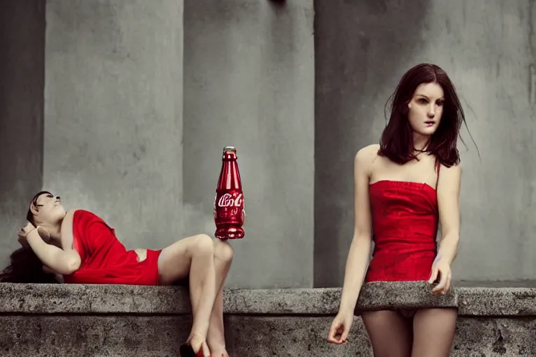 Prompt: beautiful model woman drinking a Coca-Cola by Alessio albi