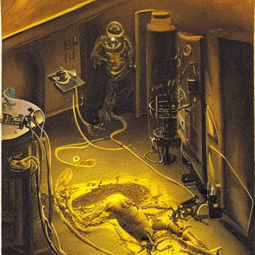 Prompt: dark hi-tech sci-fi lab at night, realistic gustave coubert painting a hideous and sick human exposed guts crawling in two legs and dripping golden metalic fluid from intestine into a pool of golden liquid on the floor. Smokey atmosphere