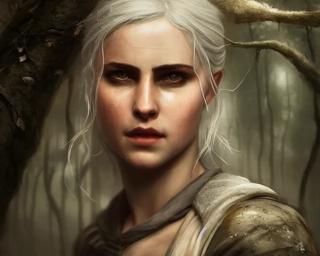 Image similar to 5 5 mm portrait photo of a real life tough looking ciri with a long face scar across her left cheek, in a magical forest. dark atmosphere. art by greg rutkowski. highly detailed 8 k. intricate. lifelike. soft light. nikon d 8 5 0.