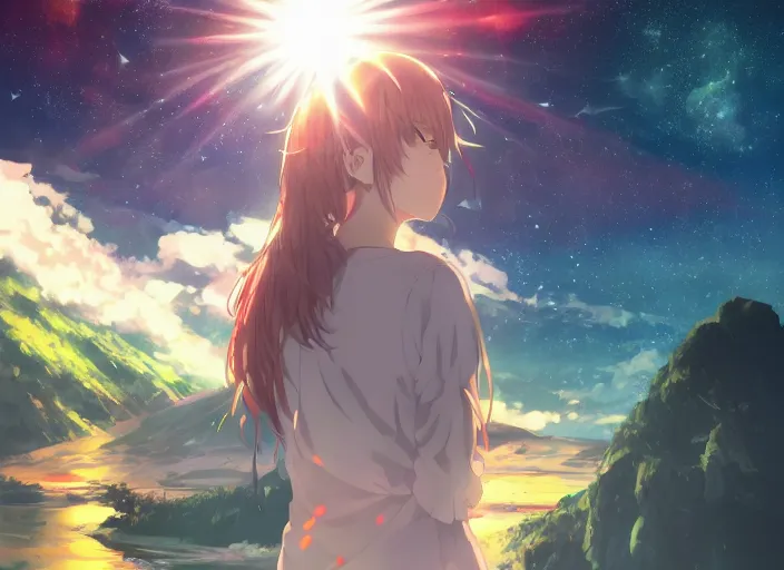 Image similar to watching the stars at night, on a mountain, by wlop, anime key visual, poster