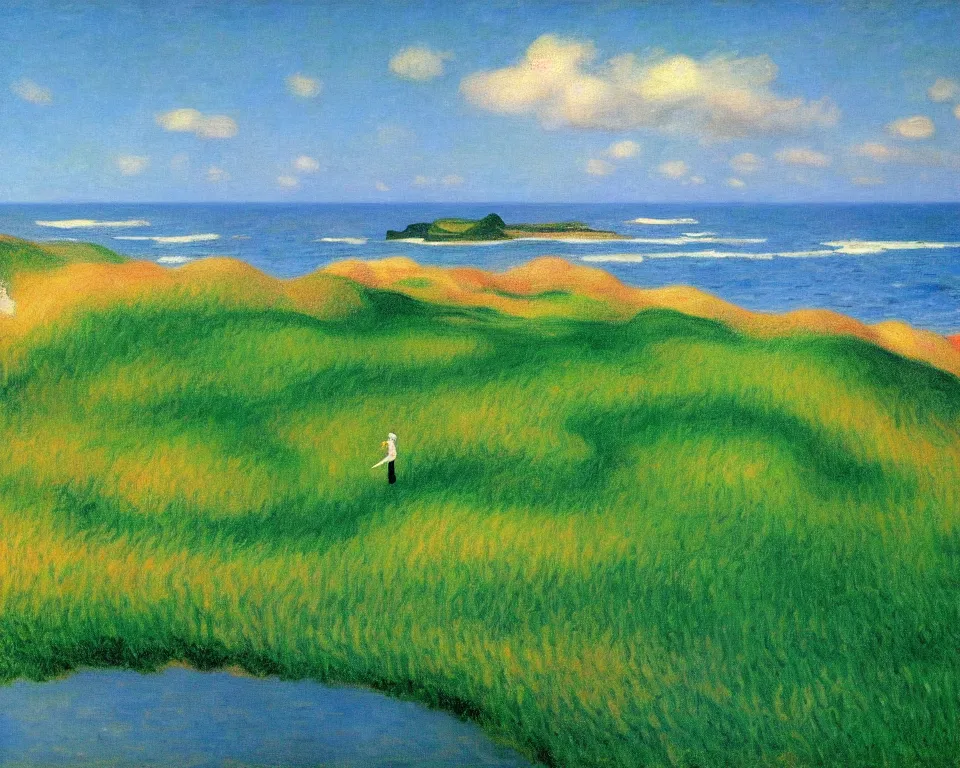 Prompt: achingly beautiful painting of pacific dunes course by rene magritte, monet, and turner.