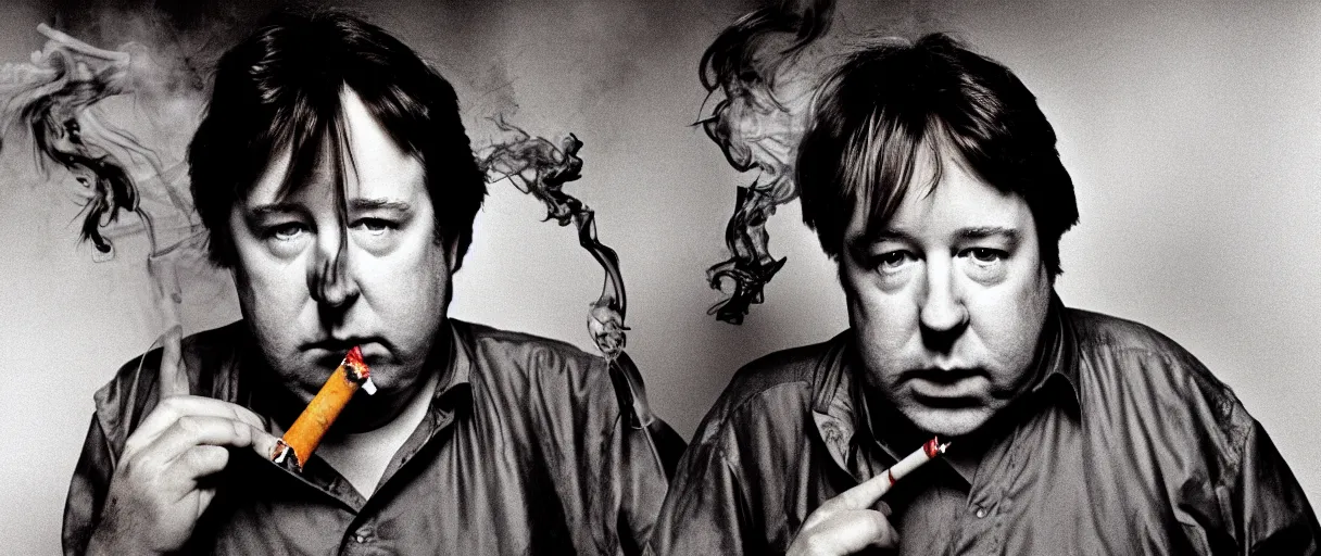 Image similar to award winning photo of bill hicks walking and smoking weed, vivid colors, happy, symmetrical face, beautiful eyes, studio lighting, wide shot art by Sally Mann & Arnold Newman