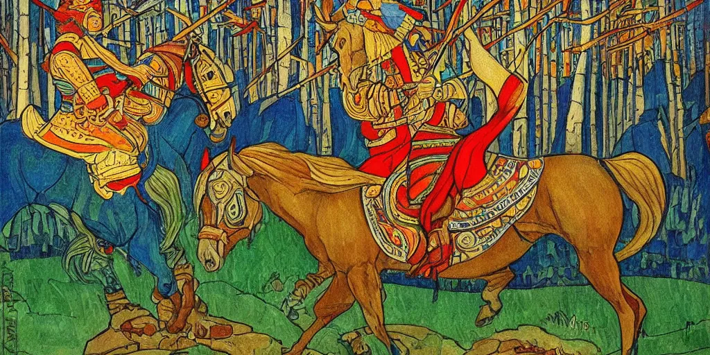 Prompt: beautiful painting of mounted king with firing sword painted by ivan bilibin, forest and river, illustration, stylized, moderne, art deco