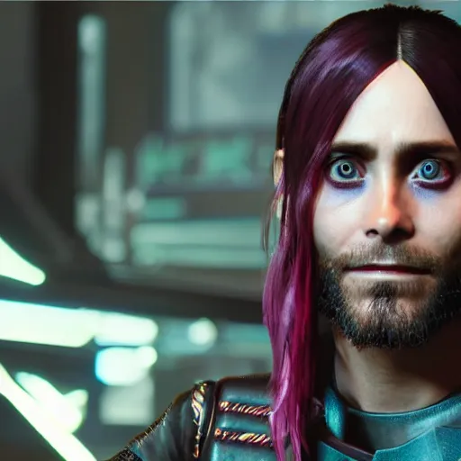 Image similar to Jared Leto in cyberpunk 2077 extremely high quality unreal engine 5 8k hyperdetailed photorealism