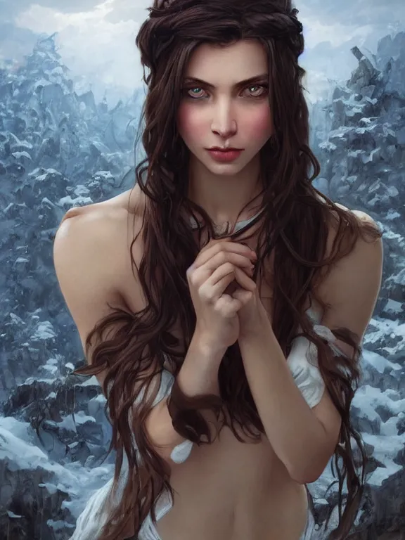 Prompt: hyperdetailed photo of a beautiful ukrainian girl with brown eyes and dark bob hairstyle, winds of winter, au naturel, blue eyes, cinematic lighting, studio quality, smooth render, smooth, sharp focus, illustration, art by artgerm and greg rutkowski and alphonse mucha and ian sprigger and wlop and krenz cushart